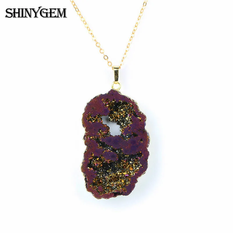ShinyGem срез Друза Кулон Ожерелья золотое покрытие сверкающий минеральный кристалл ожерелья чакра натуральный камень ожерелья для женщин - Окраска металла: Gold