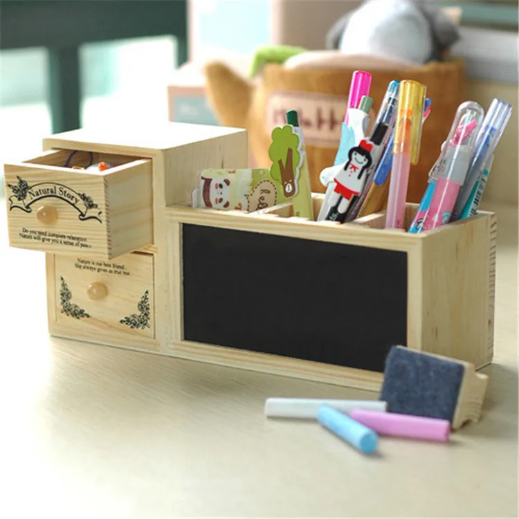 Korean Fashion Wooden Pen Holder Pencil Container with Drawer Blackboard Student Organizer School Office Stationery Supplies student guide to blackboard