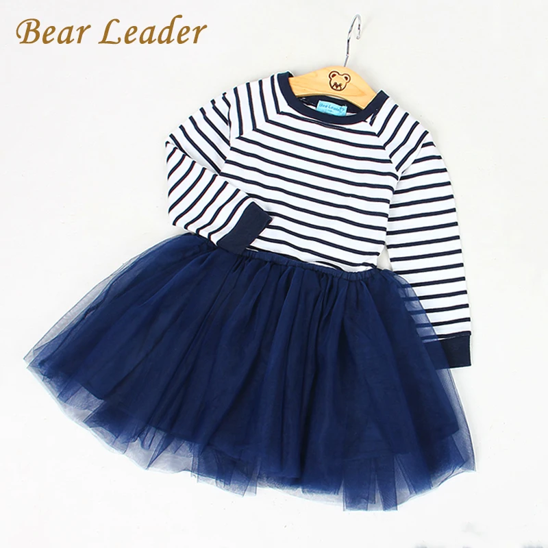

Bear Leader Girls Dress 2018 Spring Girls Dresses Long Sleeve Blanck&White Striped Mesh Design Princess Dress Children Clothing