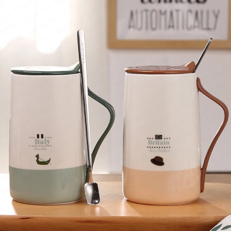 Ceramic with lid spoon large capacity office creative simple couple coffee cup mug home