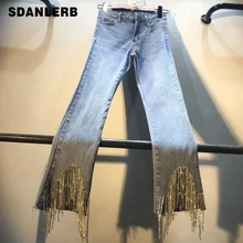 Европейский стиль джинсы с шипами женщина весна Высокая талия Тонкий бахромой Алмазный бисер Джинсы женские уличные джинсовые брюки