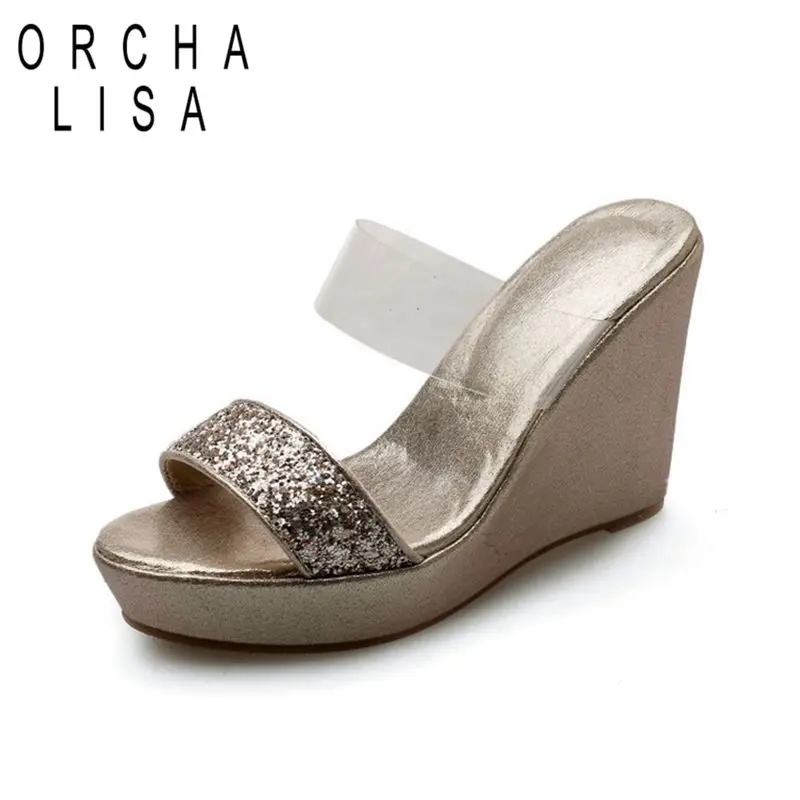 

ORCHA LISA Women platform Mules clear wedges flats Slippers High Heels slides Transparent crystal Open Toe casual Shoes J640