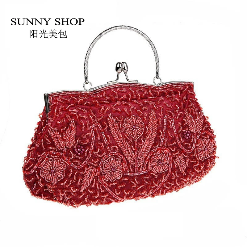 

SUNNY SHOP 2017  Beading Women Evening Bag Beautifull Red Bride Bag Silver Grey Wedding Bag  High Quality Party Shoulder Bag