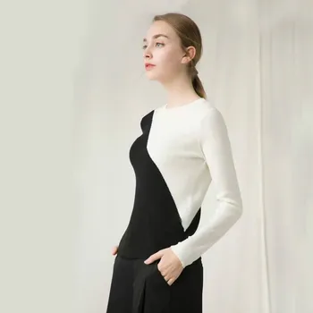 

High Quality Women's Personality Patchwork Sweaters Slim O-neck Pullover 2018 Autumn Female Knitted Elegant Office Lady's Tops