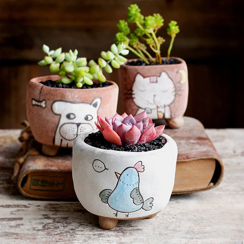 Creative Retro Multi-meat Pot Green Plant Pot Personality Ceramic Pot Grinding Sand Breathable Clay Meat Small Pot