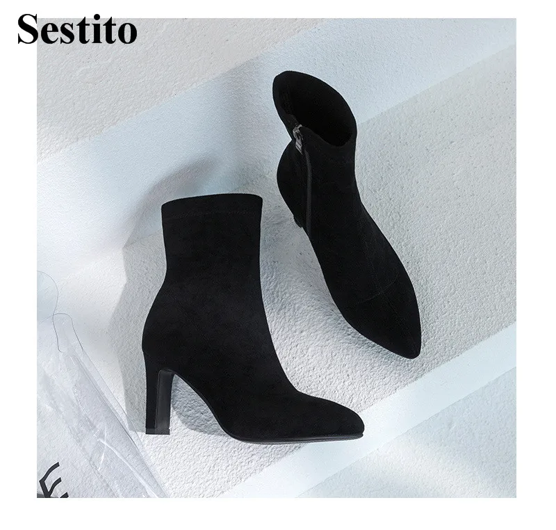 

Concise Black Flock Pointed Toe Short Boots High Heel 8 cm Ankle Boots For Women Hoof Heels Zip Casual Women Shoes Spring/Autumn