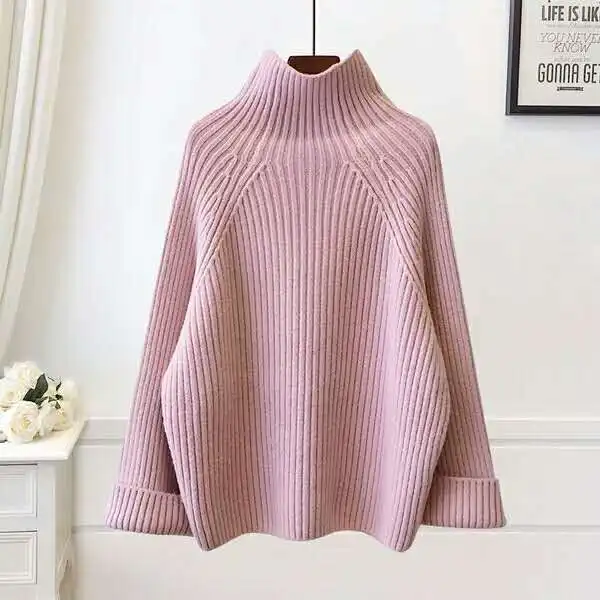 Pull Femme,, зима, осень, негабаритный, водолазка, вязаный кашемировый свитер, для женщин, рукав-фонарик, базовый, уплотненный, пуловеры - Цвет: pink