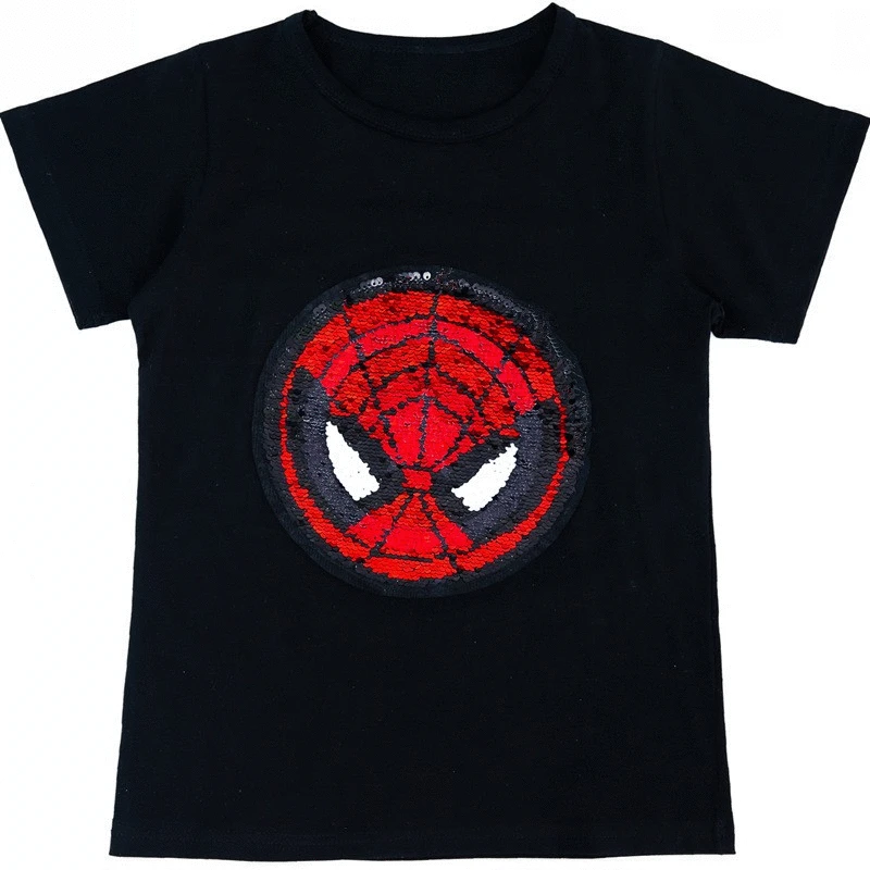 

Boys Tee Shirt Summer Spiderman Captain Heart Flipped Sequin Boys Glitter T Shirt 3- 10 12 years Teens Kid Magic Discoloration