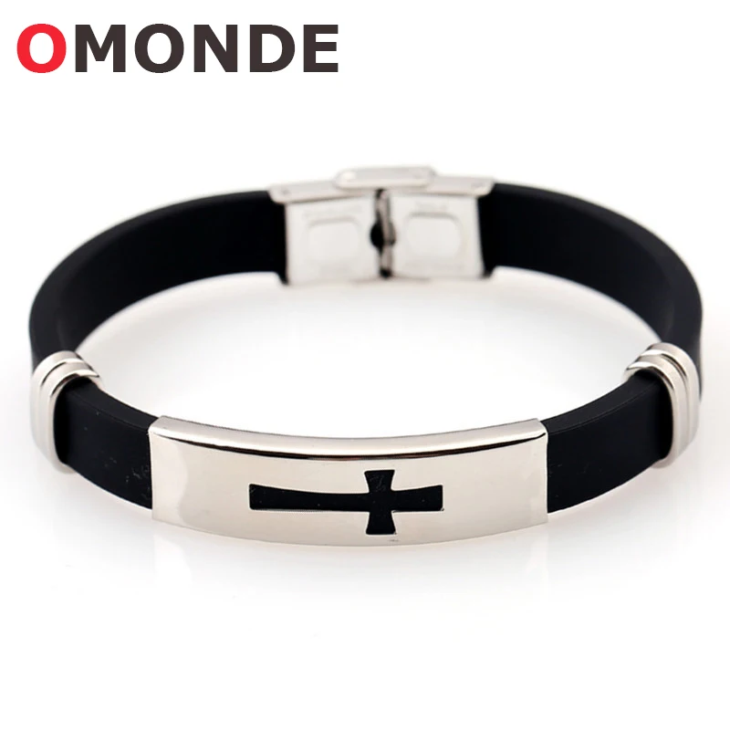 

New Arrival Stainless Steel Black Silicone Jesus Cross Bracelets God Blessing Christian Crucifix Bangle for Men Lucky Jewelry