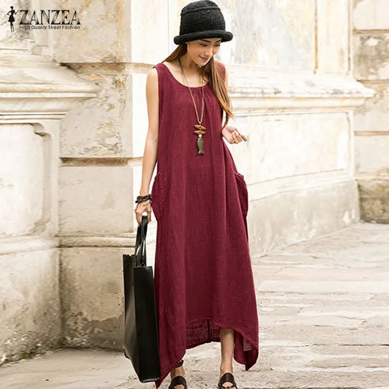 

2019 Summer ZANZEA Women Casual Loose Sleeveless Long Dress Vintage Pockets Cotton Irregular Maxi Dresses Plus Size Vestidos