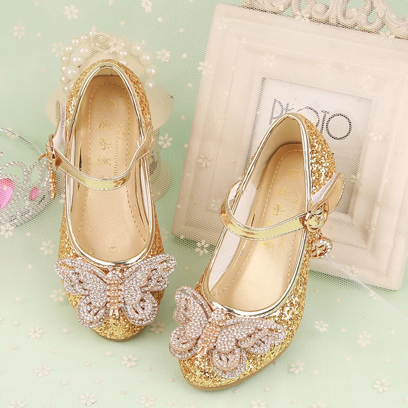 Осень алмаз бабочка девушка тонкие туфли на высоком каблуке для студентов выполнять блестящие детские кожаные туфли размер 27-38 C590