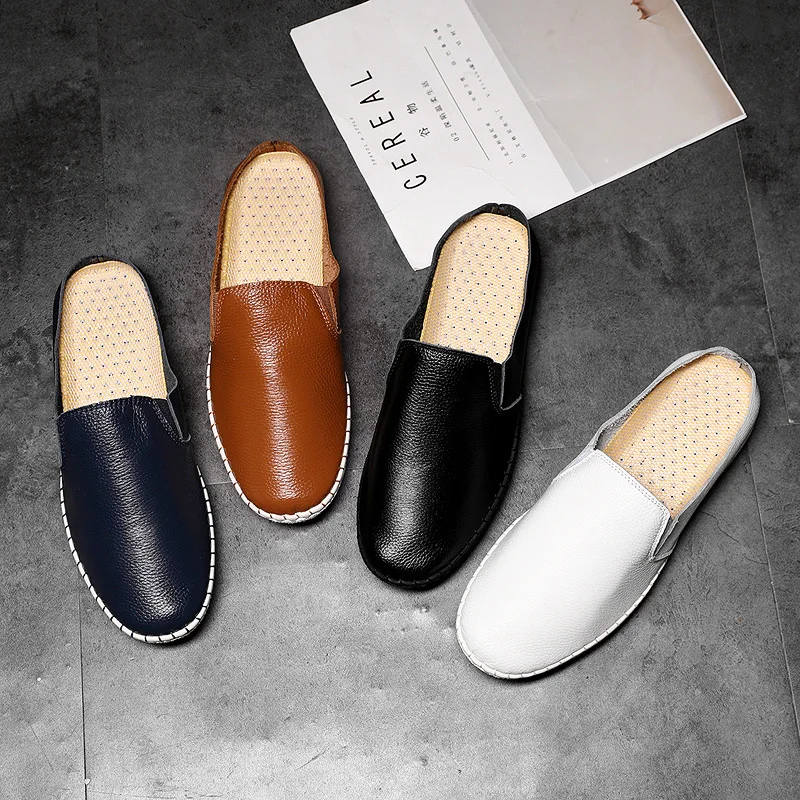 

2019 Summer Handmade Men Shoes Genuine Leather Mens Half Slippers Brand Designer Slip On Youth Casual Shoes Fashion Men Sneakers
