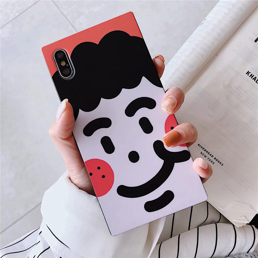 

Square Phone Cases For iPhone Xs max XR X 8 7 6S Plus Glossy Cartoon pattern character doodle Soft TPU Silicone Back Cover Coque