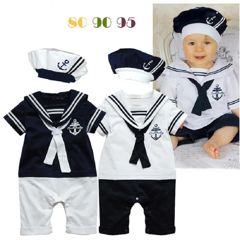 

2019 summer cotton baby jumpsuit fashion male baby girl clothes infant navy jumpsuit + hat suit short sleeve newborn tights