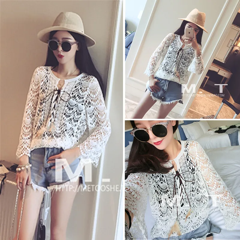 

Bohemian cropped knit openwork flower feather coat openwork lace shirts blouses