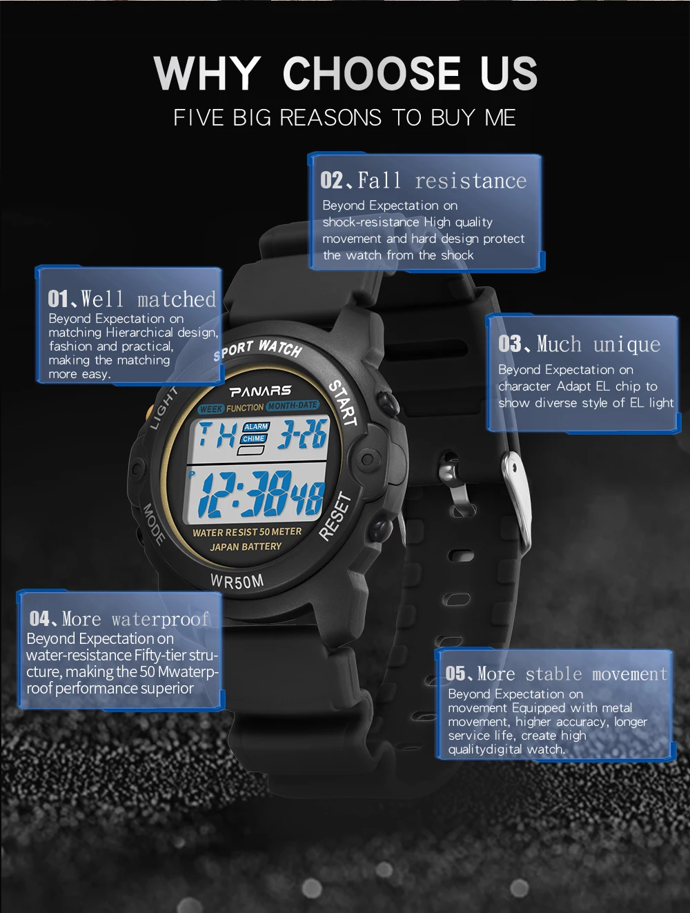 PANARS Outdoor Sports Watch Digital Watches Mens Waterproof Alarm Clock 5Bar LED Black Fashion Watch Mens Chronograph Watch