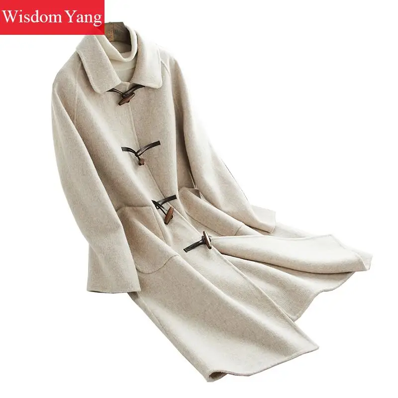 

Elegant Autumn Winter Womens Sheep Wool Coats Beige Korea Woman Female Woolen Horn Button Long Casual Overcoat Coat Outerwear