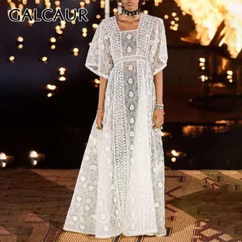 

GALCAUR Vintage Hollow Out Dress For Women Square Collar Short Sleeve High Waist Perspective Maxi Dresses Female Summer 2020