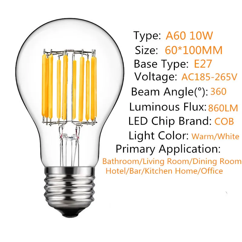 1 шт. светодиодный светильник A60 10 Вт E27 COB ретро декоративная лампа в стиле Эдисона винтажный светильник накаливания Теплый Холодный белый 185-265 в