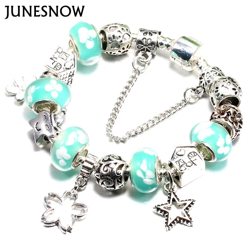 JUNESNOW, античные серебряные браслеты для женщин, муранское стекло, бисер, кристалл, новые браслеты с подвесками, с цветами и звездами, свисающие