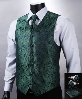 

VE10 Green Navy Blue Paisley Top Design Wedding Men 100%Silk Waistcoat Vest Pocket Square Cufflinks Cravat Set for Suit Tuxedo