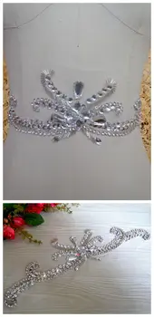 

A125 Handmade silver crystal patches sew on Rhinestones applique with stones sequins beads 34*9cm for dress