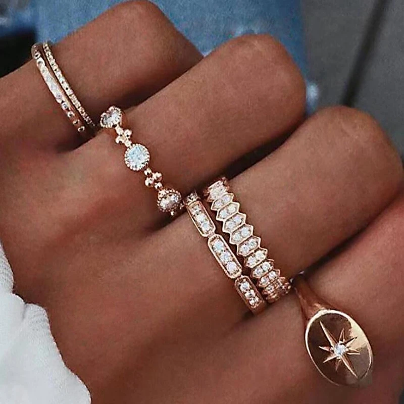 

QCOOLJLY Fashion Ring Set for Women Jewelry Opal Mermaid Beach Ring Rhinestone Stars Midi Finger Ring Set Knuckle Party Rings