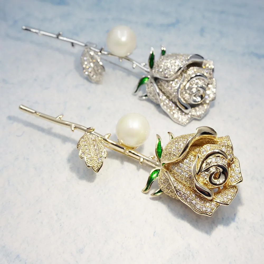 

New Elegant Korean Simulated Pearl Brooches Women Men Fashion Zircon Rose Flower Brooch Wedding Sweater Safety Pins Jewelry Gift