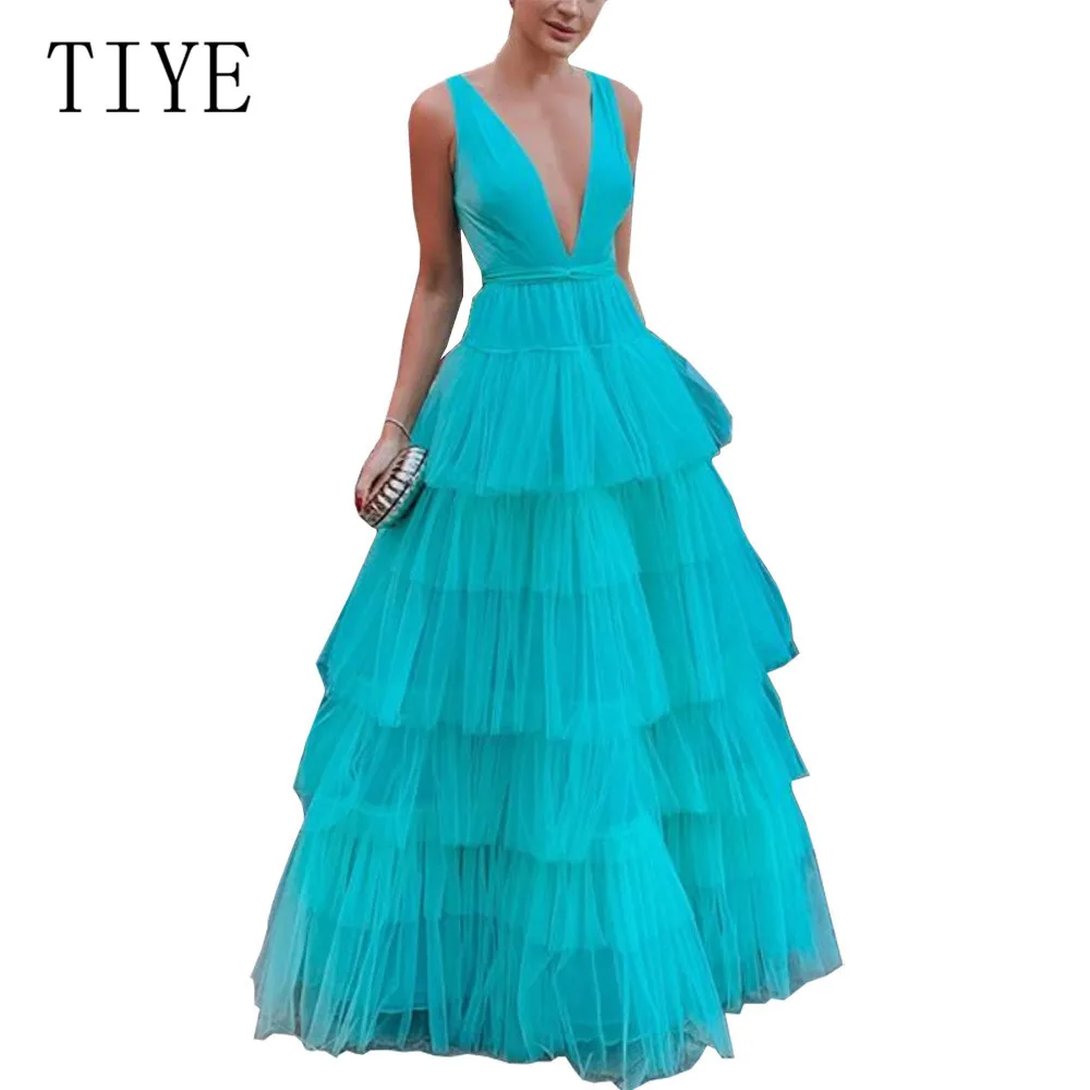 

TIYE Summer Women's New Temperament Layer Mesh Gauze Dress Strap Dress Sexy Deep V-neck Hollow Out Dress Femme Brirtyday Wear