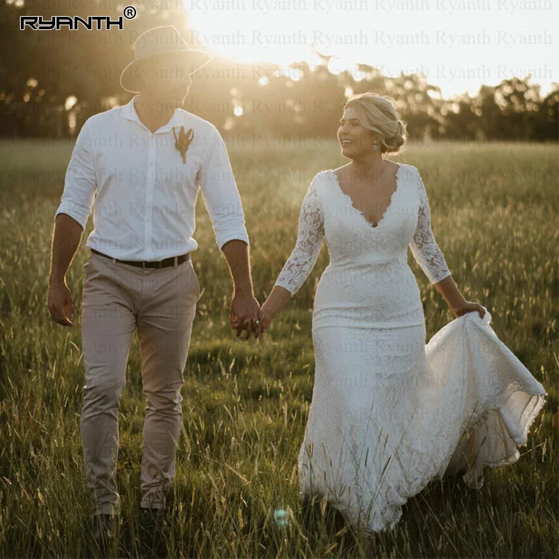 

Ryanth Custom Made Simple Wedding Dresses Plus Size V Neck Lace Court Train 3/4 Sleeve Mermaid Wedding Dress Long Bridal Gown