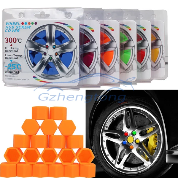 Pack Of 20 Car Wheel Tire Screw Bolt Cover Nut Cap Lug Decor 17mm Orange