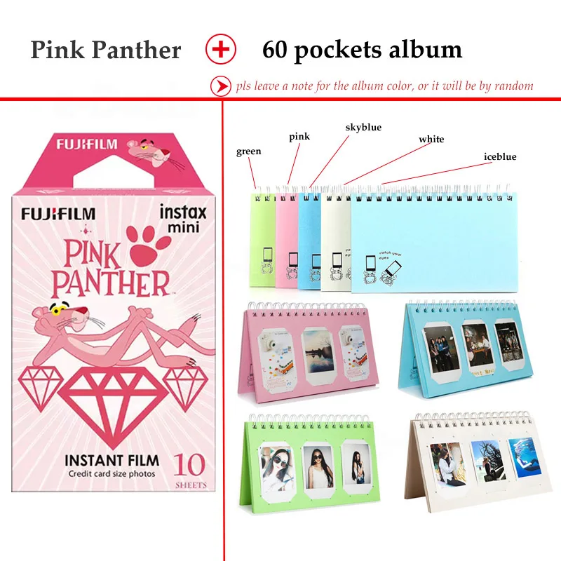 Fujifilm Instax Mini Фильм Розовая пантера 10 листов для Instax Mini 9 8 7 s 70 90 25 мгновенных Polariod Камера телефон принтера SP2 1 - Цвет: Film and 60P Album