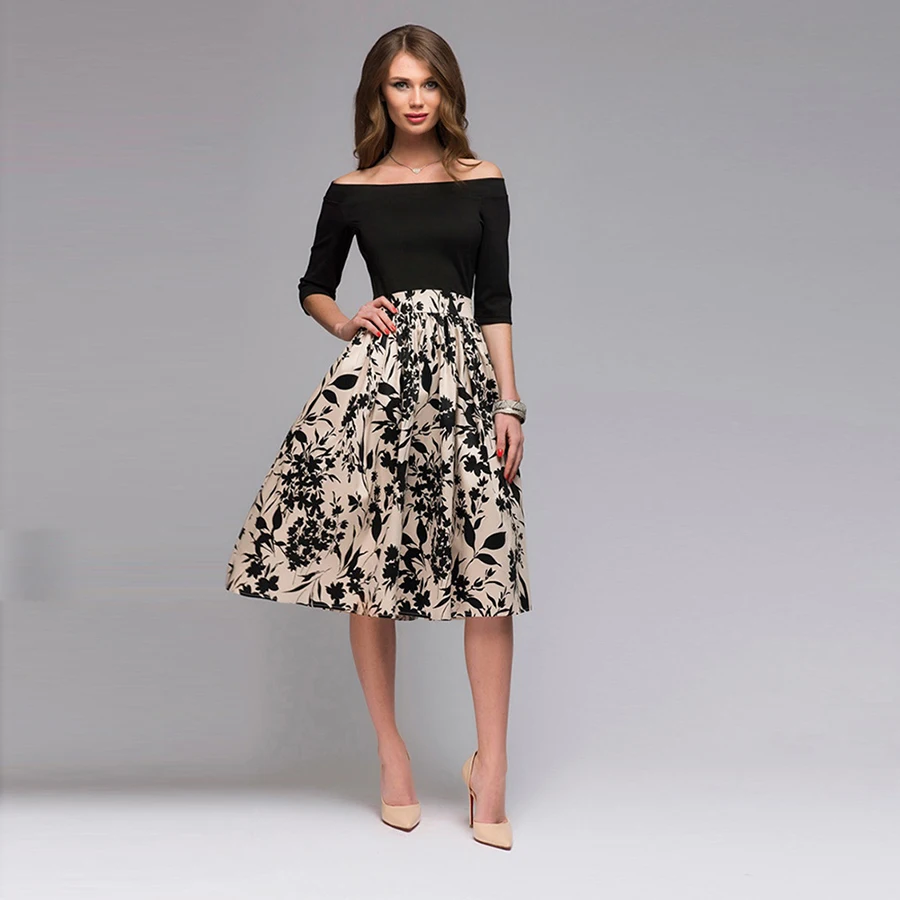 

Vintage Floral Patchwork Summer Dress Women Fashion Black Slash Neck Slim Sexy Dresses Print Plus Size Off Shoulder Party Dress