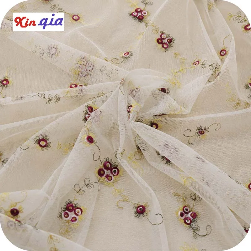 Delicate fabric soft maroon small roses embroidery lace fabric dresses