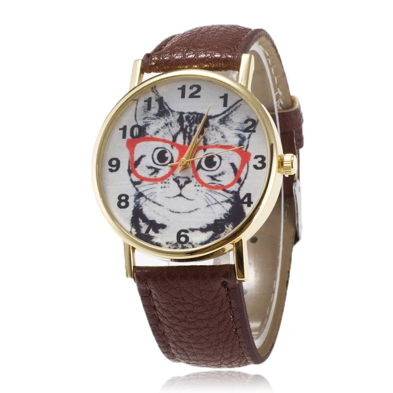 Fashion Womens Ladies Dial Watch Cute Lovely Cat Pattern Casual Faux Leather Band Quartz Analog Dress Students Wrist Watch Clock