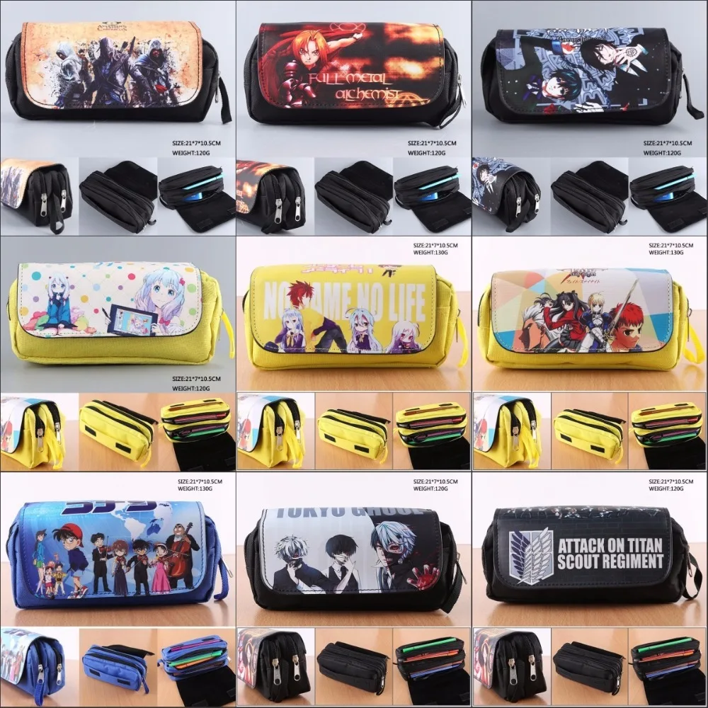 

anime FATE Fairy Tail Black Butler tokyo ghoul pencil bag Double Pencil bag Stationery Cosmetic Make-up Bags Cases 15 style