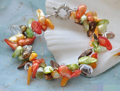 

0850 2row 8" baroque tail red yellow green pearl bracelet