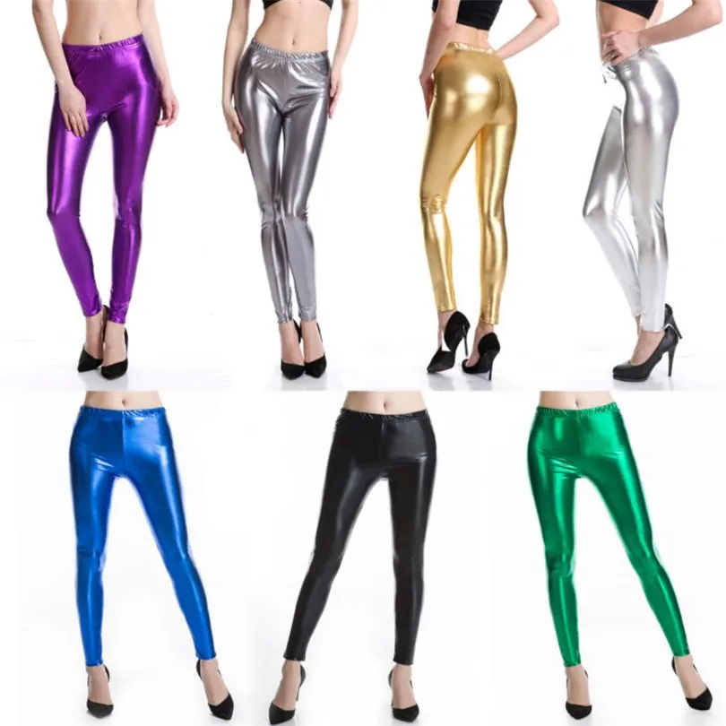 INDJXND Style Punk Rock PU Leather Faux Leather Leggings Women Trousers Purple Metallic Gold Shiny Sexy Shining Legging Fitness fleece lined leggings