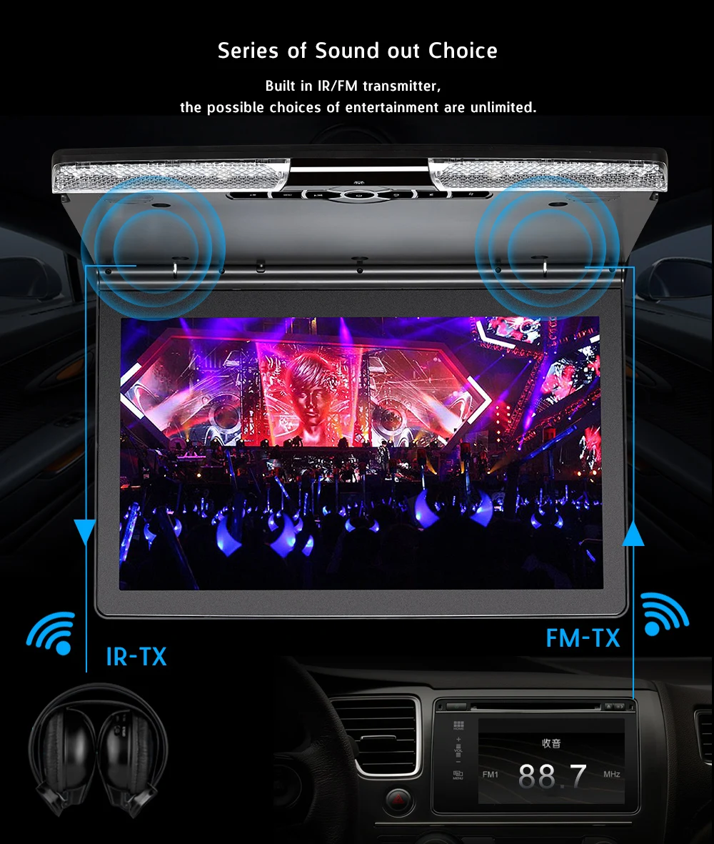 17.3 Inch Car Ceiling Monitor 1920x1080 MP5 Flip Down Roof Mount Car DVD Player with IR FM Transmitter HDMI USB SD Speaker Games