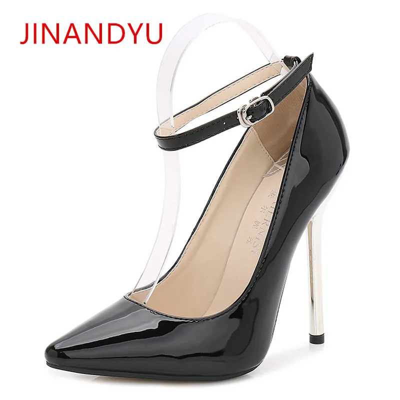 

Women Thin High Heels Patent Leather Pumps Women12CM Ankle Buckle Party Shoes Ladies Pointed Toe Stiletto Heels Big Size 44