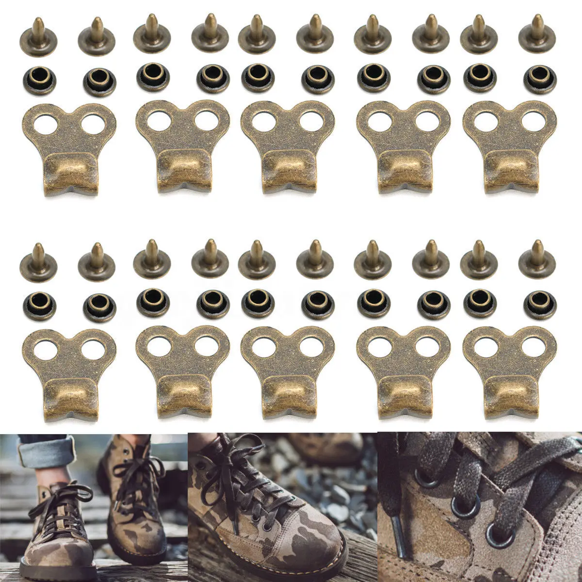 New 10Set Gunmetal Boot Hooks Lace Fittings With Rivets Camp Hike Climbing Repair