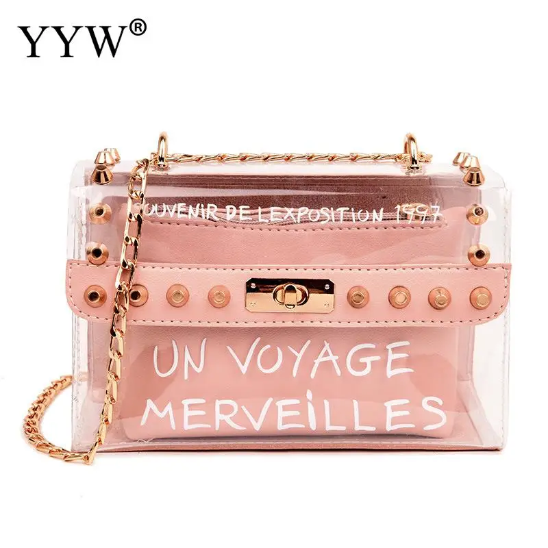 

2019 Design Luxury Brand Women Stud Transparent Bag Clear Pvc Jelly Small Totes Messenger Bags Female Crossbody Shoulder Bags