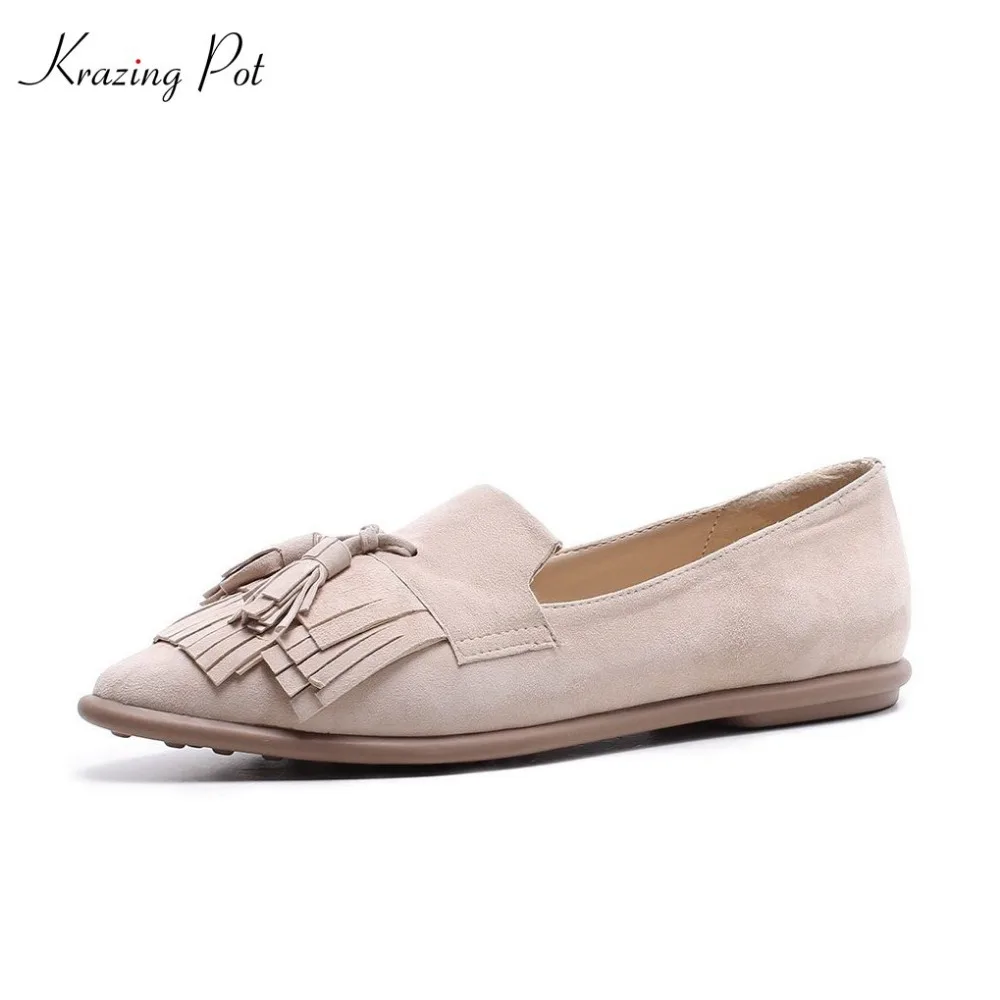 

Krazing pot sheep suded shallow superstar casual pointed toe flats slip on European girl sweet women pregnant fringe shoes L8f3