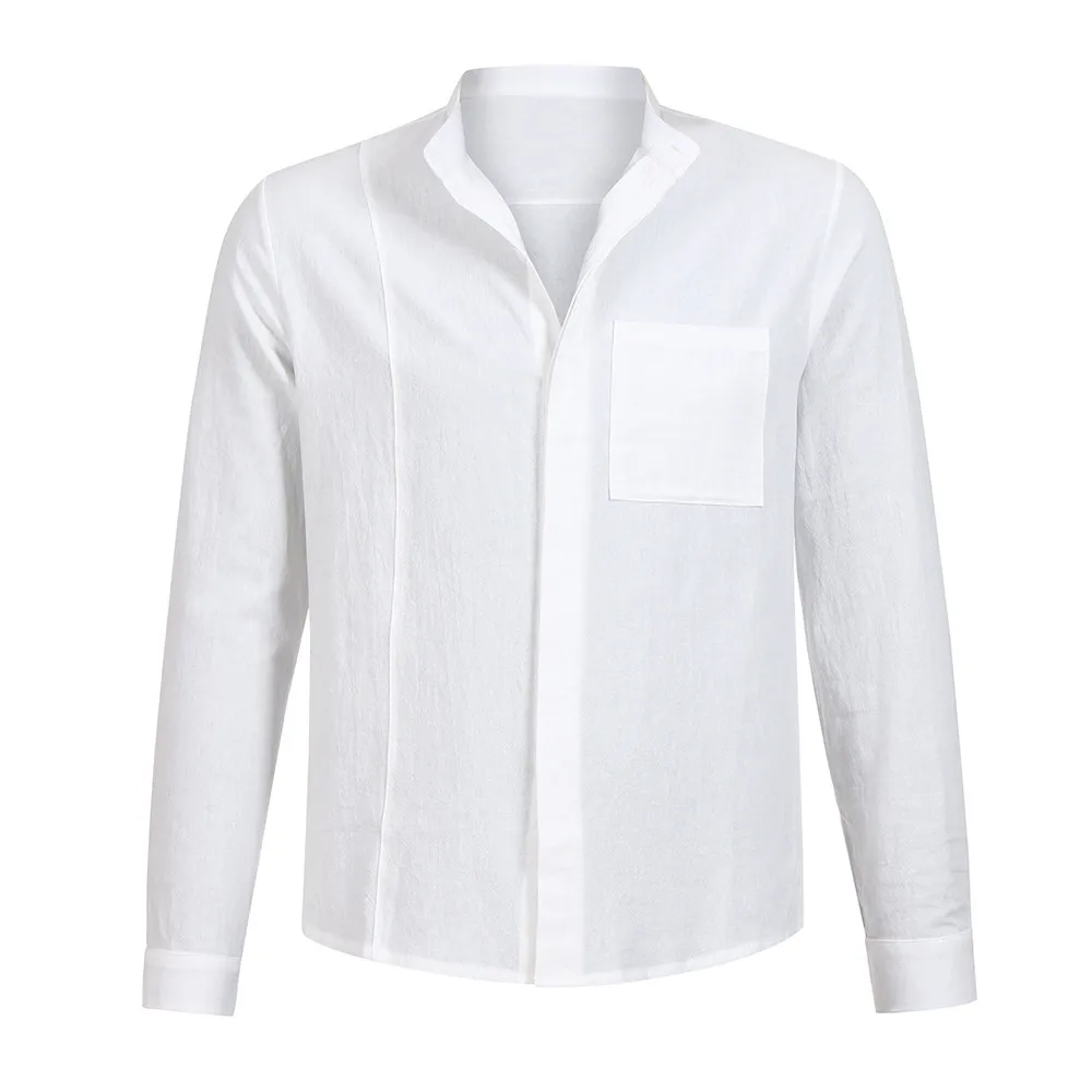 Льняная мужская рубашка с длинным рукавом, повседневная мужская рубашка, летняя Хлопковая мужская рубашка с длинным рукавом, одноцветная рубашка с воротником W413 - Цвет: Белый