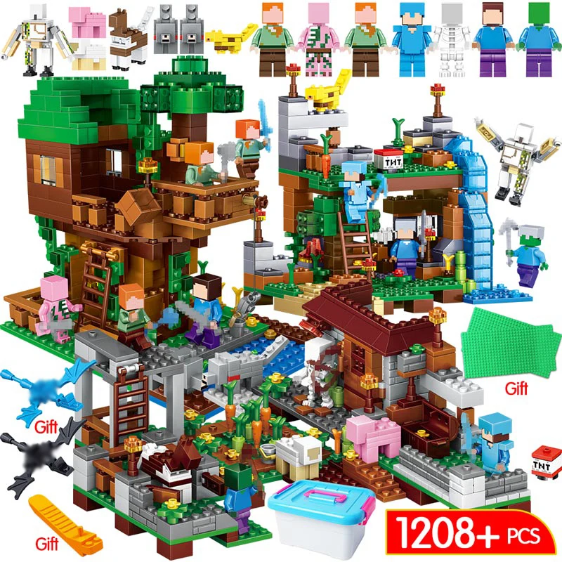 

1208PCS My World Waterfall Tree House Building Blocks Compatible LegoING Minecrafted Village Warhorse City Toys For Children