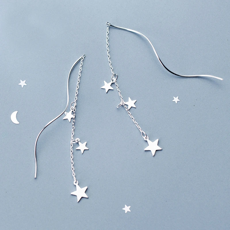 

MloveAcc Fashion Genuine 925 Sterling Silver Line Wave Stars Chain Drop Earrings for Women Sterling Silver Jewelry