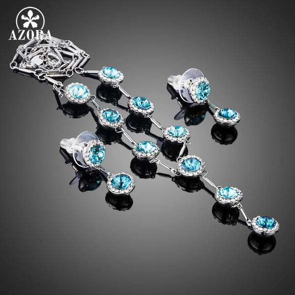 AZORA Elegant Blue Stellux Austrian Crystal Drop Earrings and Pendant Necklace Jewelry Sets for Women TG0199