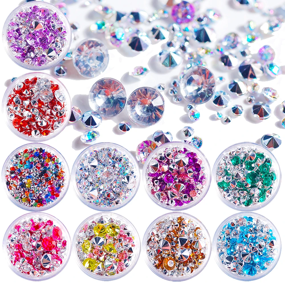 

1.5-6mm Mix Sizes Mixed color Pointback Glitter Acrylic Crystal Rhinestone Nails Design Decoration Gems For Woman