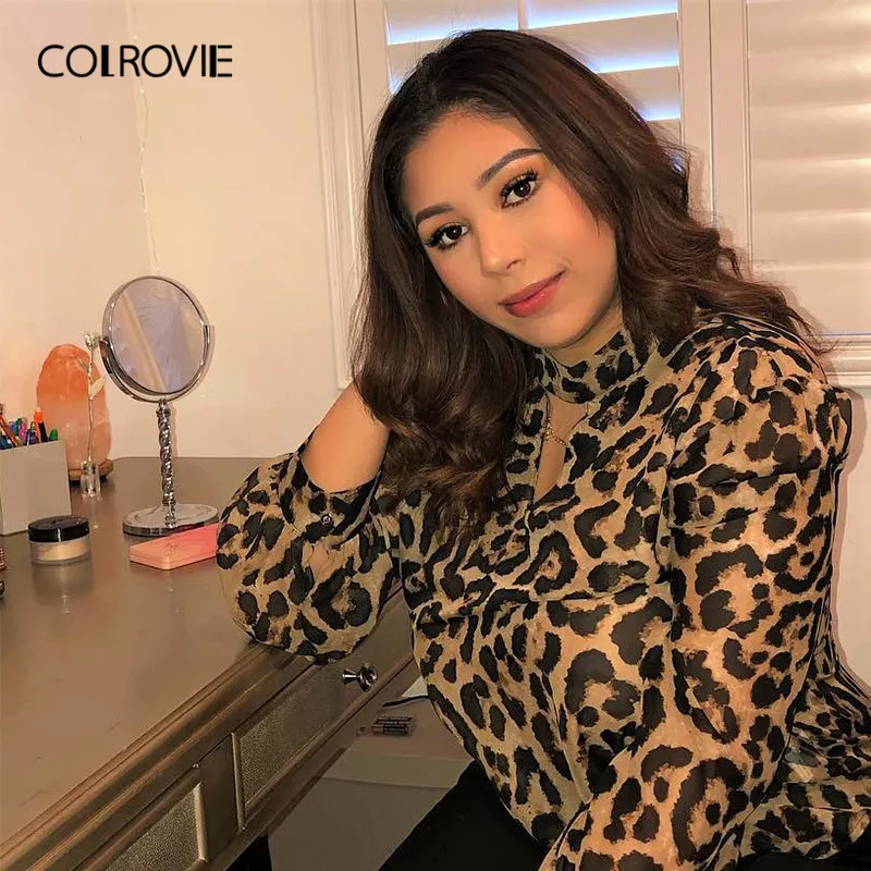 COLROVIE زائد حجم المختنق الرقبة شبه شير ليوبارد طباعة عارضة بلوزة النساء 2019 الربيع الخامس الرقبة طويلة الأكمام أزياء السيدات قمصان