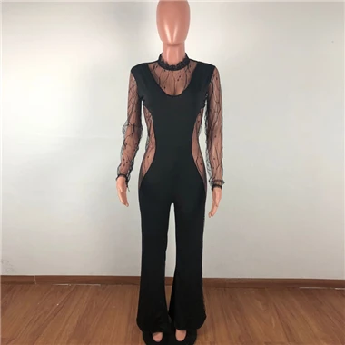 Лучшие знаменитые Подиумные Комбинезоны для женщин Новое Сетчатое обтягивающее боди с длинными рукавами Женский s комбинезон кружевной женский Облегающий комбинезон - Цвет: Black